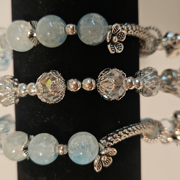3 Silvertone & Seafoam Glass Beads & Charms Stretch Bracelets - Picture 3 of 13